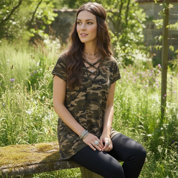 🌿Lucky & Blessed Women's Camo Cross Strap 3.4 Sleeves Tunic-Soft and Adorable! - Picture 8 of 10